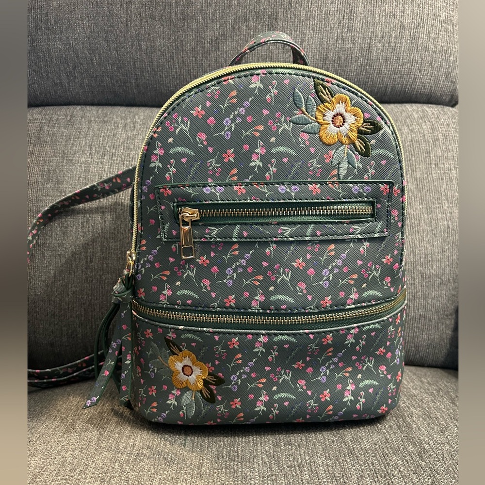 UnderOneSky sage green mini backpack with embroidered flowers